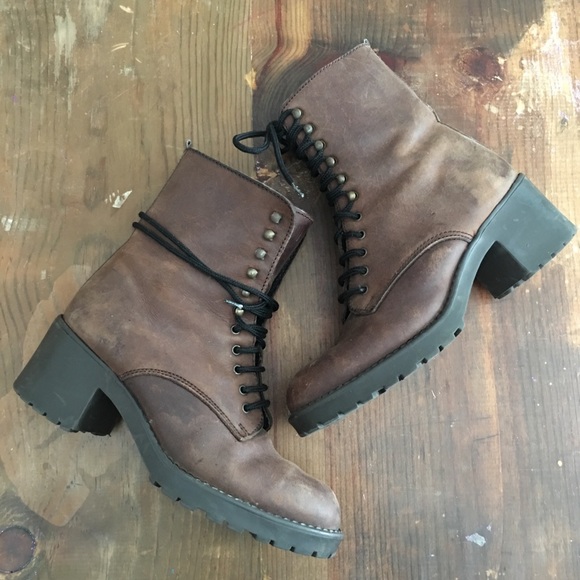 Vintage Shoes - Vintage Heeled Genuine Worn Leather Combat Boots